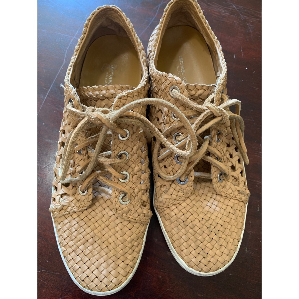 Michael Kors Collection Woven Leather Sneakers Tan Beige Lace Up Shoes 37.5 7.5